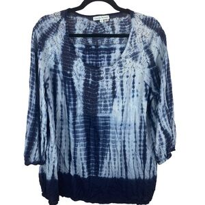 CLAUDIA Richard Tie Dye Boho Floral Lace Blouse XL Blue